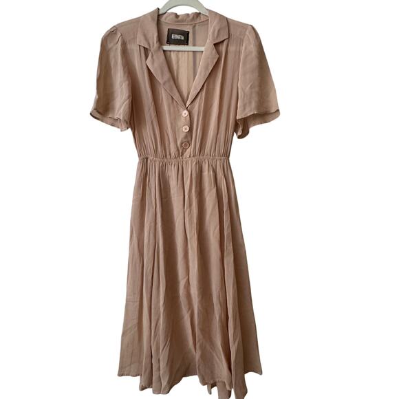 Reformation Pink Blush Fit Flare Button Down Collar Midi Dress 1940s Sheer Flowy - Picture 1 of 6